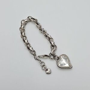 Brighton 'Bibi Heart' Bracelet Reversible Crystal Heart Charm Silver Plate 7.5"